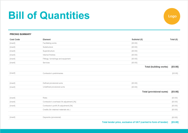Image showing a bill of quantities template Word document