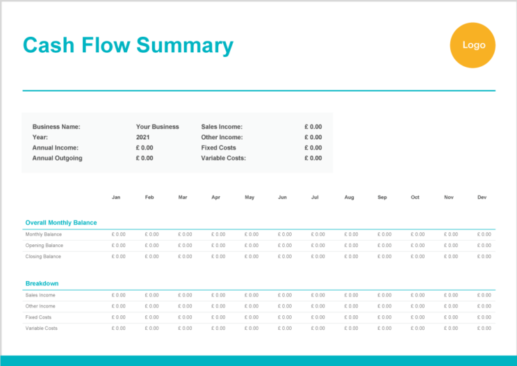 A simple cash flow summary template in blue and white