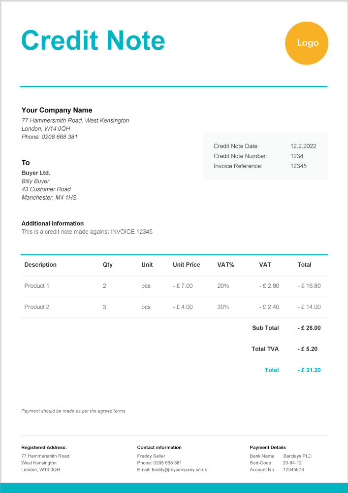 A thumbnail showing a simple credit note template designed in blue and white