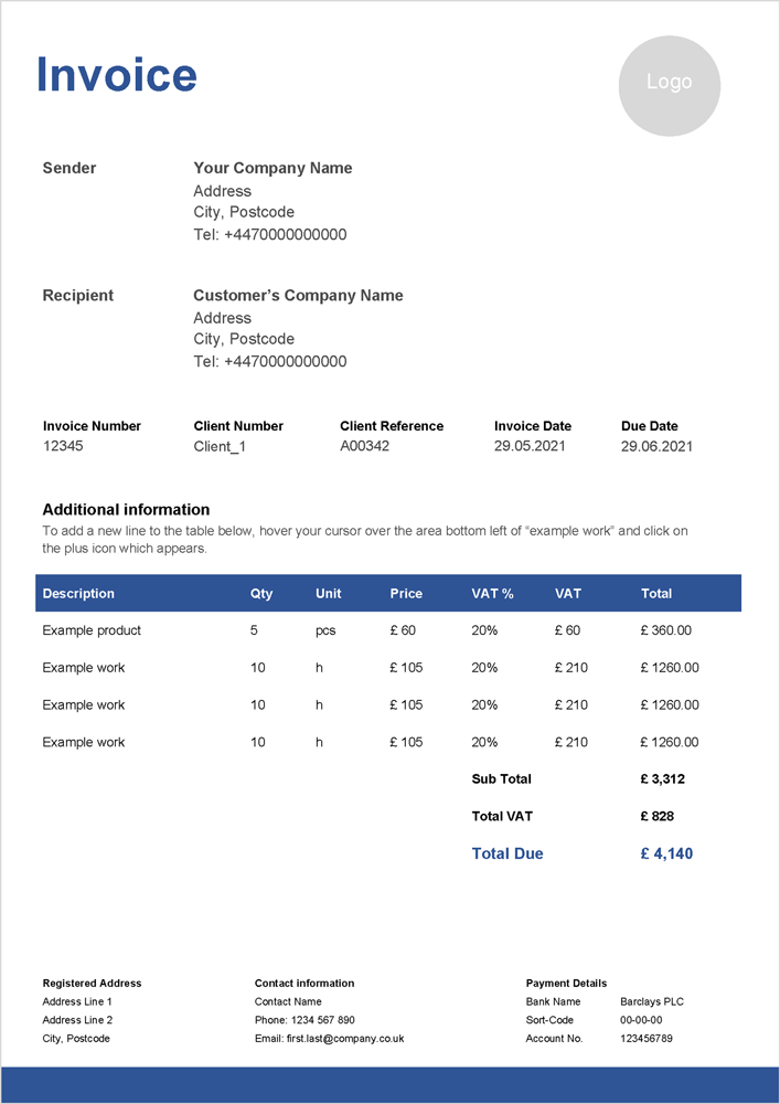 A thumbnail showing a dark blue invoice template, available to download from the link below