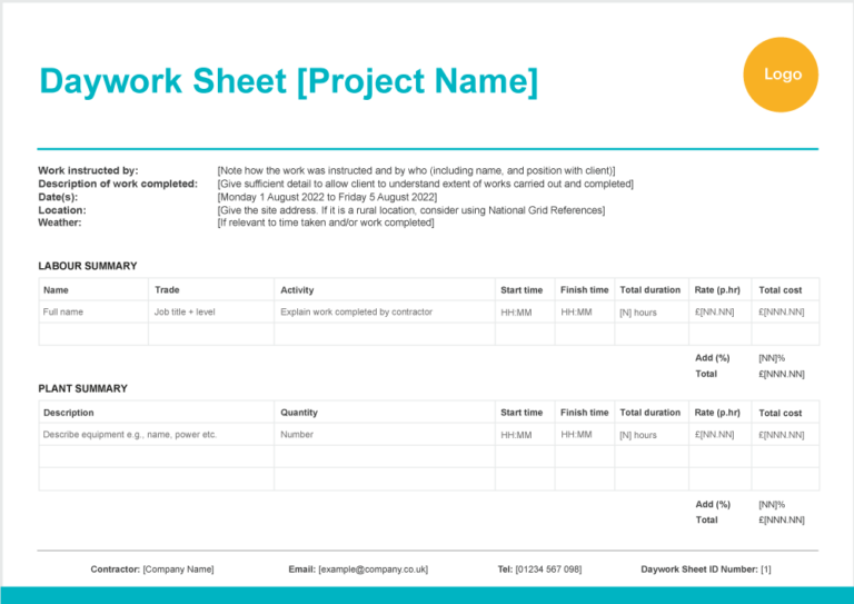 Thumbnail image showing a daywork sheet template