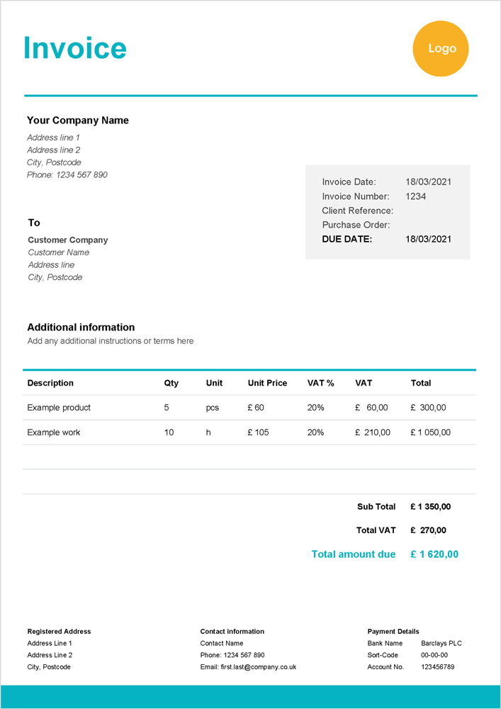 A thumbnail showing our modern blue and white invoice template, available to download from the link below
