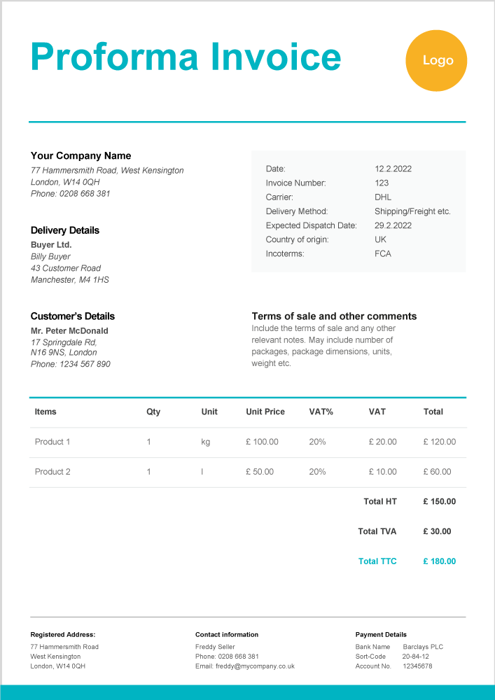 A modern, blue proforma invoice template available to download from the link below