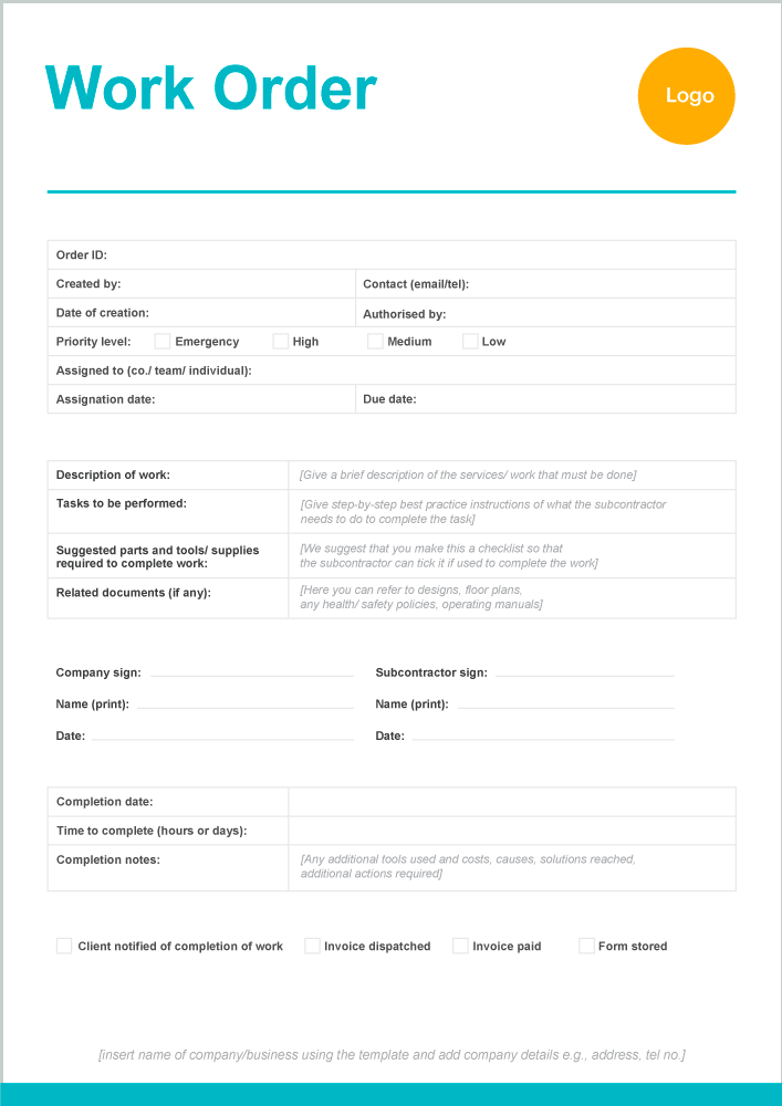 Thumbnail image depicting a modern, minimalist work order form template in Microsoft Word