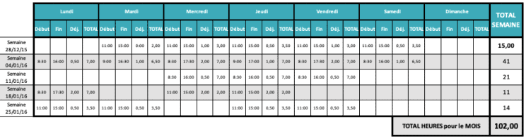 feuille de temps au mois