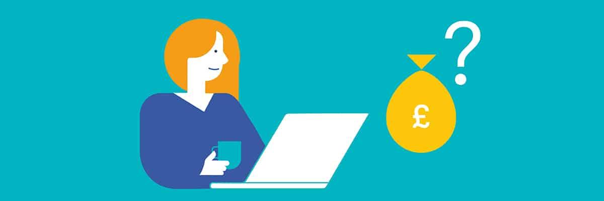 Drawing of a woman at a laptop, holding a mug and thinking about money bags