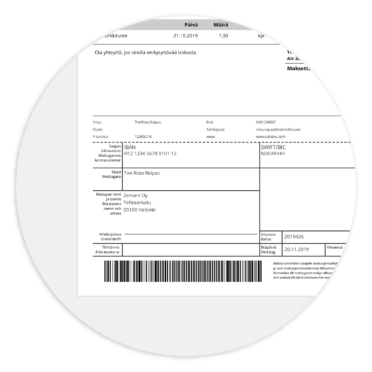 Laskun tiedot - tilisiirtolomake ja viivakoodi