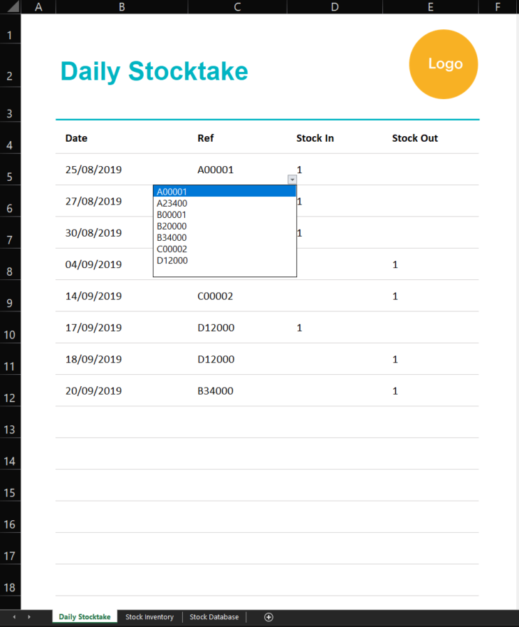 Dropdown menu on tab 1 of the stock inventory template