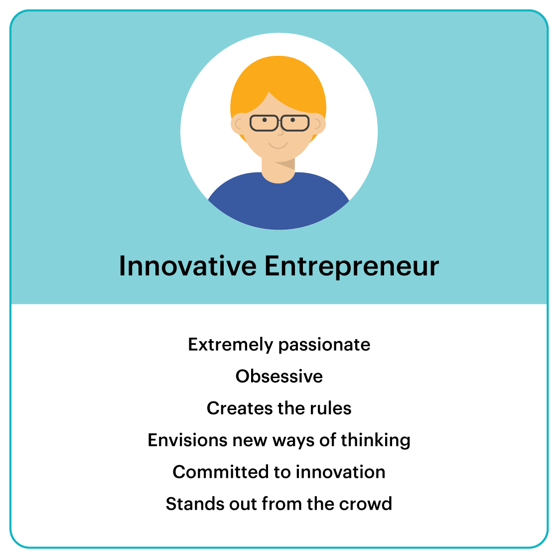 Infographic depicting an illustration of an innovative entrepreneur and 6 common characteristics