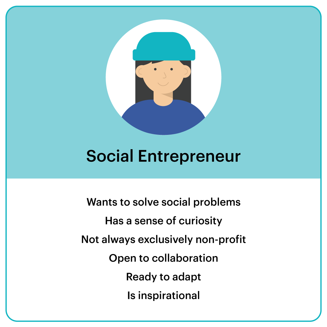 Infographic depicting an illustration of a social entrepreneur and 6 common characteristics