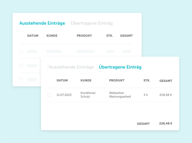 AUsstehende und bereits übertragene Einträge der Zeiterfassung in Zervant